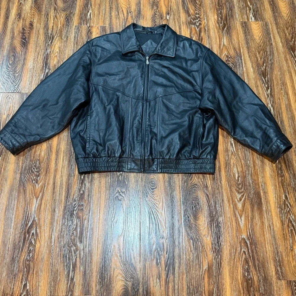 Roundtree &‎ York Mens Black Leather Bomber Jacket XL Full Zip Collared Biker